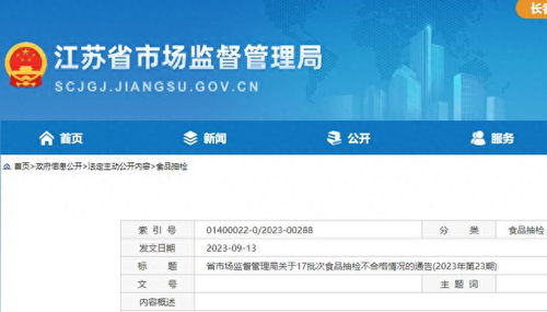 江蘇省17批次食品抽檢不合格,涉無錫 南京 揚州等多地經(jīng)營企業(yè)